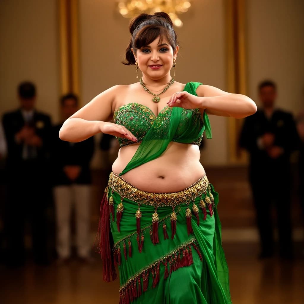 front view chubby belly dancer fifty years woman in green costume brown short ponytail hair stand in hall