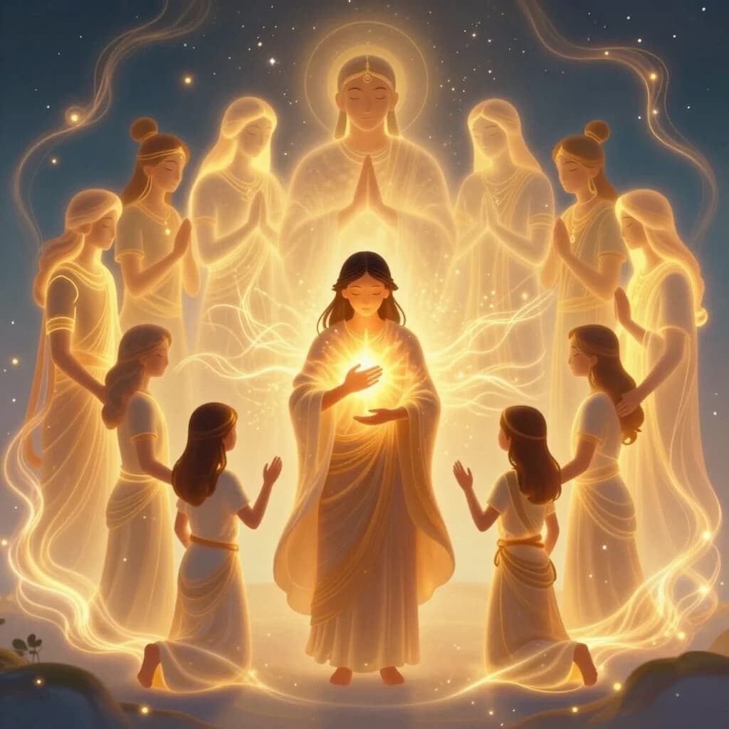 Digital art. A descendant standing in the center, surrounded by many glowing ancestral figures forming a protective circle. They gently embrace him, sending warm golden light toward his heart. Flowing energy of peace, unity, magic, and ancestral love connects all generations. Soft luminous tones, ethereal glow, warm gold and soft blue colors. Magical realism, detailed, 8k, spiritual, sacred, heartwarming.»