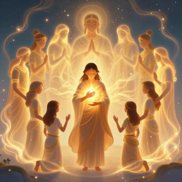 Digital art. A descendant standing in the center, surrounded by many glowing ancestral figures forming a protective circle. They gently embrace him, sending warm golden light toward his heart. Flowing energy of peace, unity, magic, and ancestral love connects all generations. Soft luminous tones, ethereal glow, warm gold and soft blue colors. Magical realism, detailed, 8k, spiritual, sacred, heartwarming.»