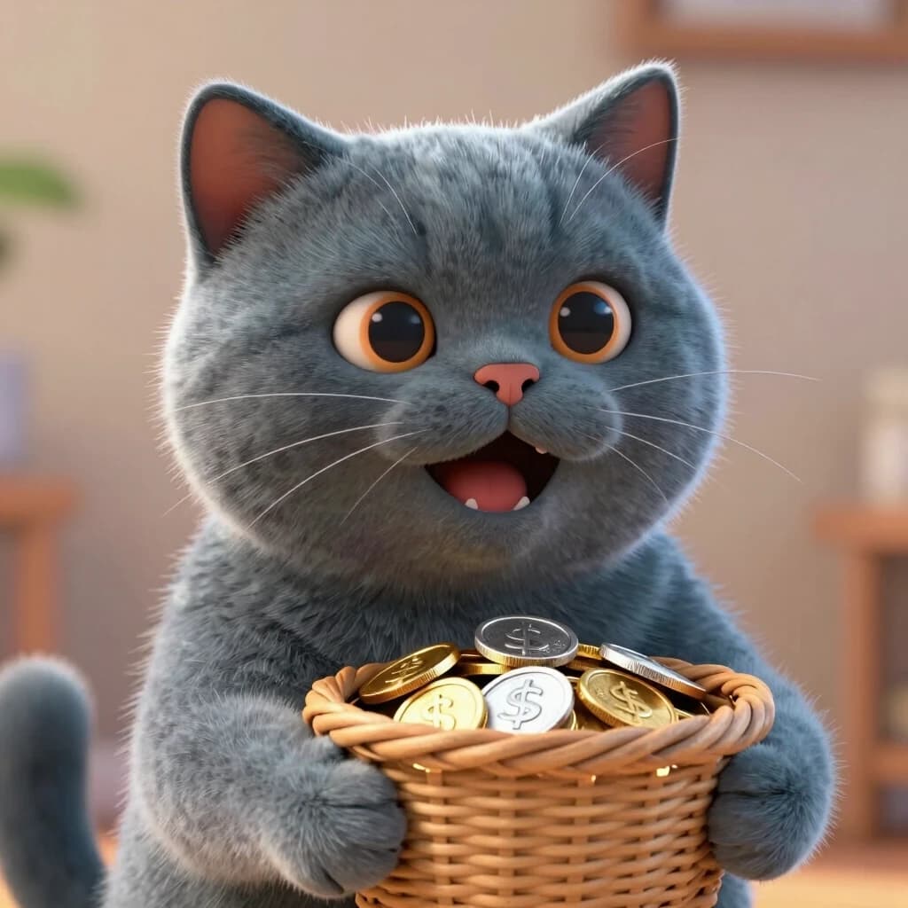 cheerful  pixar britis cat blue-grey color   держит лапkax корзинку  , в корзинке монеты золотые и серебренные