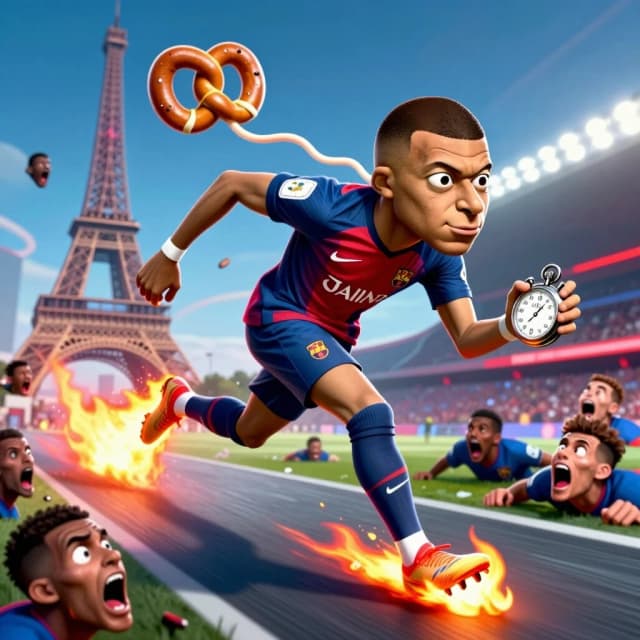 Hyper-exaggerated, grotesque caricature of Kylian Mbappé, instantly recognizable by his distinctive sprinting posture, slicked-back hair, and wide-eyed focused expression. His legs are grotesquely elongated and transformed into rocket engines, leaving a trail of fire and melting defenders in his wake. His torso is a blur of motion, while his head is comically lagging behind, tethered by a neck that stretches like taffy, still wearing his determined scowl. He holds a stopwatch that reads "0.0s" and is surrounded by the melting, screaming faces of exhausted defenders. The background is a warp-speed tunnel of blue, white, and red light, with the Eiffel Tower warped like a pretzel. Absurd, dynamic, hyper-detailed, grotesque, 2:3 vertical. No text.