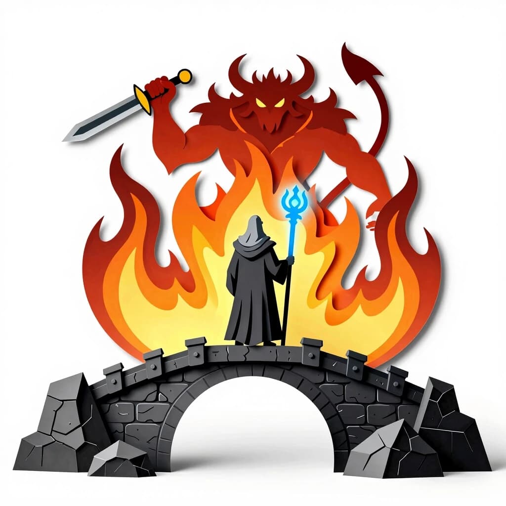 Lord of the Rings scene, Gandalf the Grey standing on Khazad-dum bridge with his back to the viewer, glowing blue staff, fiery Balrog with sword and whip in front, view from behind the wizard, multi-layered paper art style papertol and pop-up card, 5 distinct isolated layers on solid white background, flat vector shapes without intersections, thick black outlines, fantasy art, high detail fire and stone, studio lighting