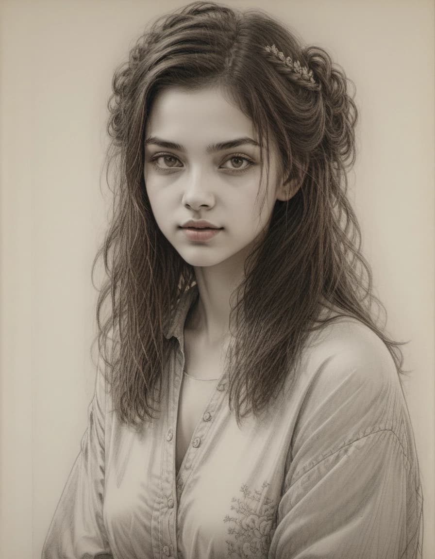 A real french portrait of a beautiful young goddess, big brown sparkling eyes, slight smile, fantasy clothes, messy hairstyle, intricate details and precisely drawn cross-hatching lines throughout the drawing, bold lines