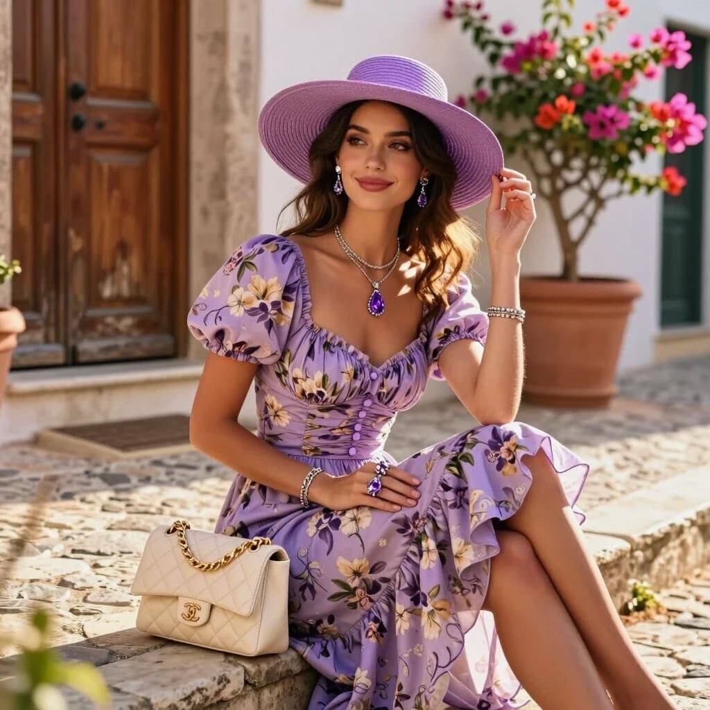 в стиле Тима Бертона Portrait of a stylish young woman seated on sunlit stone steps in a Mediterranean courtyard, wearing a vintage-inspired purple floral sundress with puff sleeves, sweetheart neckline, ruched bodice with small buttons, and a ruffled skirt; matching lavender wide-brim straw hat tilted slightly, teardrop amethyst pendant and layered delicate necklaces, drop earrings, bracelets and rings, holding a quilted cream leather handbag with gold chain on her lap; warm golden-hour natural light, soft rim lighting on hair and shoulders, subtle sunlit highlights, gentle smile and relaxed elegant pose with one hand adjusting the hat and legs crossed; background features a weathered wooden door, terracotta planter with blooming bougainvillea, cobblestone path, shallow depth of field with soft bokeh, vibrant but natural color grading, high detail, film-like texture, 85mm portrait feel, editorial fashion photography aesthetic, emphasis on fabric texture, jewelry sparkle, and warm inviting mood.