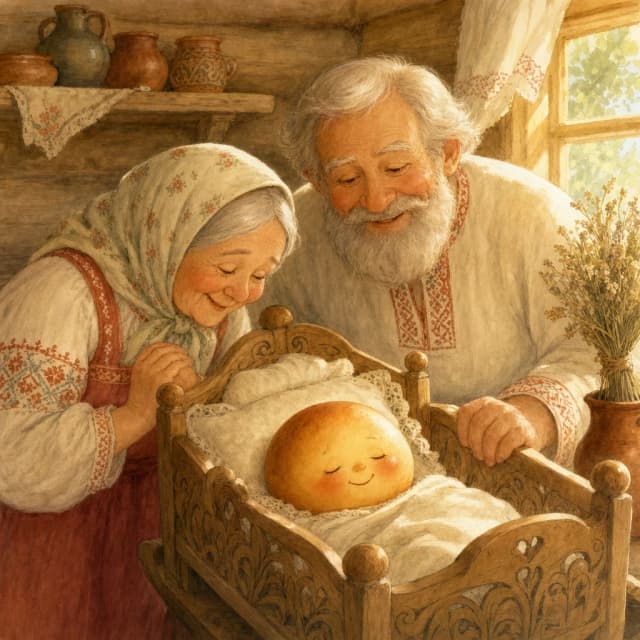 Промт для иллюстрации в детской книге: добрая славянская графика, мягкие округлые линии, тёплая пастельная палитра (кремовый, медовый, приглушённый терракотовый, нежно‑зелёный).
В центре — Колобок в роли новорождённого: идеально круглый, румяный, будто испечённый; текстура — как у пышной сдобы с тонкой золотистой корочкой; крошечные щёчки, закрытые глазки, едва заметные реснички, крошечный ротик в лёгкой улыбке. Он уютно устроился в маленькой деревянной колыбельке с резными бортиками; внутри — мягкое льняное одеяльце и крохотная подушечка.
Над колыбелькой склонились бабка и дед: лица добрые, умильные, в глазах — нежное восхищение и тихая радость. Бабка в платочке и сарафане, дед в рубахе с вышивкой; их позы мягкие, бережные — будто боятся спугнуть мгновение.
Фон — уютная деревенская горница: бревенчатые стены, на полке — глиняные горшочки, у окна — пучок сухих трав. Тёплый свет из окошка ложится мягкими бликами на Колобка и колыбельку. Лёгкая сказочная стилизация: контуры не резкие, а чуть размытые, как в акварельной иллюстрации. Акцент на трогательности и тепле — будто это самый счастливый день в их жизни.