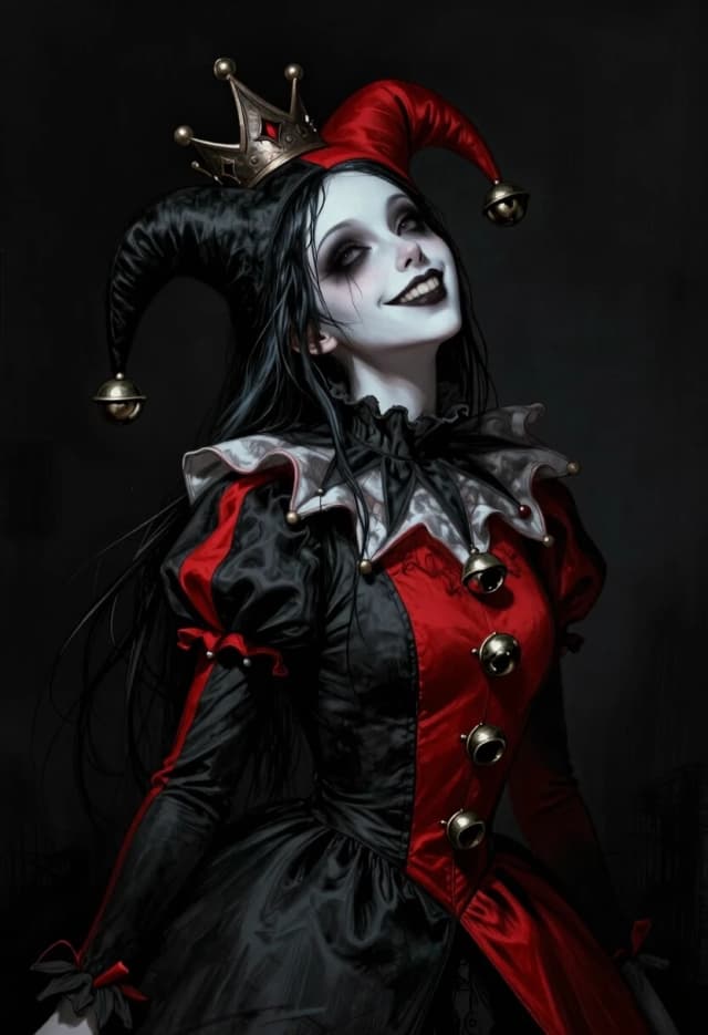 Dark gothic jester girl portrait, female harlequin with head tilted back looking upward, split black and red costume with bells, ornate crown, long wet black hair flowing back, pale porcelain skin, mischievous playful smile, ruffled collar, dramatic chiaroscuro lighting, highly detailed digital art, dark fantasy illustration, black background, artistic sketch style, mysterious expression with smirk, metallic accessories, moody atmosphere, elegant feminine features