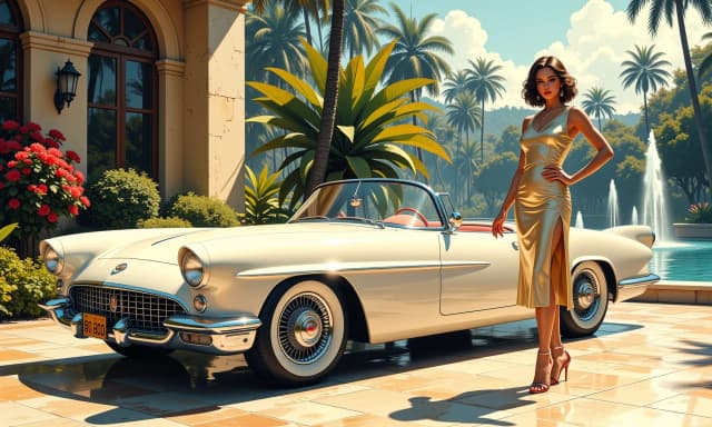 A masterpiece,  in the style of the 1980s, with bold lines, dynamic strokes and rich textures, on background with a touch of nostalgia, perhaps with subtle drawings inspired by cellulose and vintage, worn textures similar to paper, oil painting, Photorealistic cinematic scene of a 1950s–1960s retro‑futuristic concept car parked on a polished marble terrace by a fountain in a lush tropical garden, streamlined pearlescent body with sweeping tailfins, mirror chrome trim, clear bubble canopy, sculpted curves and polished wire wheels catching sun reflections; a glamorous woman stands beside the car in a champagne satin one‑shoulder cocktail dress with ruched waist, elbow‑length gloves and vintage curled bob hairstyle, poised with one hand on her hip and the other resting lightly on the hood, classic red lips and elegant heels; background of palm trees, bird‑of‑paradise flowers and sculptural fountains, soft afternoon sunlight, warm golden highlights, subtle lens flare and long shadows; ultra‑detailed textures and realistic reflections on chrome and glass, natural skin tones, high dynamic range, shallow depth of field, 85mm cinematic portrait composition, Kodachrome‑inspired warm color grading, subtle film grain, 8k hyperrealism, sophisticated retro glamour mood. celshading, simple background