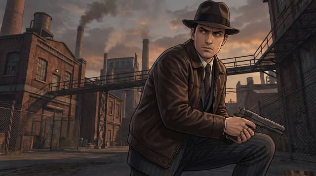 Mafia (игра), Вито Скалетта, подозрительный взгляд, кожаная куртка, держит пистолет, боевая стойка, на фоне завода, стиль аниме с реалистичными деталями
