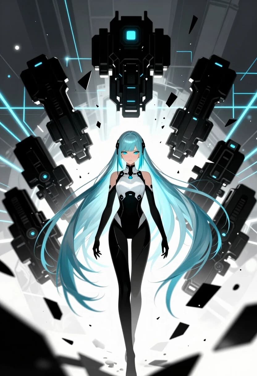 (lacia beatless:1.4), beatless, 1girl, solo, android, long straight hair, loose hair, hair down, long hair flowing, (ice blue hair, light silver-blue hair:1.2), blunt bangs, black hair ornaments on sides of head, (dark blue eyes, indigo eyes:1.2), expressionless, wearing futuristic white and black hIE bodysuit, surrounded by floating huge black mechanical weapon parts Black Monolith, shattered glass shards flying in air, glowing blue cyber lines, laser grids, abstract futuristic background, dynamic debris, cinematic sharp contrast, lens flare, masterpiece, high quality anime, digital art, illustration by redjuice, smartphone wallpaper