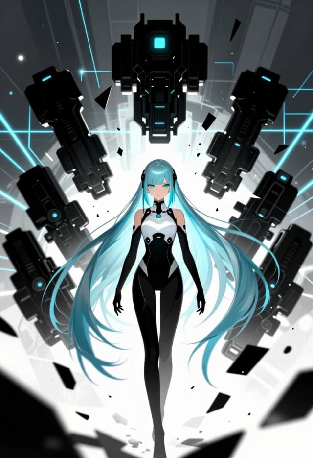 (lacia beatless:1.4), beatless, 1girl, solo, android, long straight hair, loose hair, hair down, long hair flowing, (ice blue hair, light silver-blue hair:1.2), blunt bangs, black hair ornaments on sides of head, (dark blue eyes, indigo eyes:1.2), expressionless, wearing futuristic white and black hIE bodysuit, surrounded by floating huge black mechanical weapon parts Black Monolith, shattered glass shards flying in air, glowing blue cyber lines, laser grids, abstract futuristic background, dynamic debris, cinematic sharp contrast, lens flare, masterpiece, high quality anime, digital art, illustration by redjuice, smartphone wallpaper