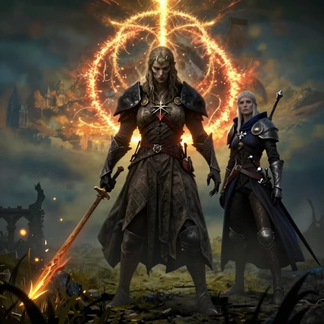 Изобрази Радана Бича звезд из игры Elden Ring и Отшельницу из игры Elden Ring Nightreign вместе