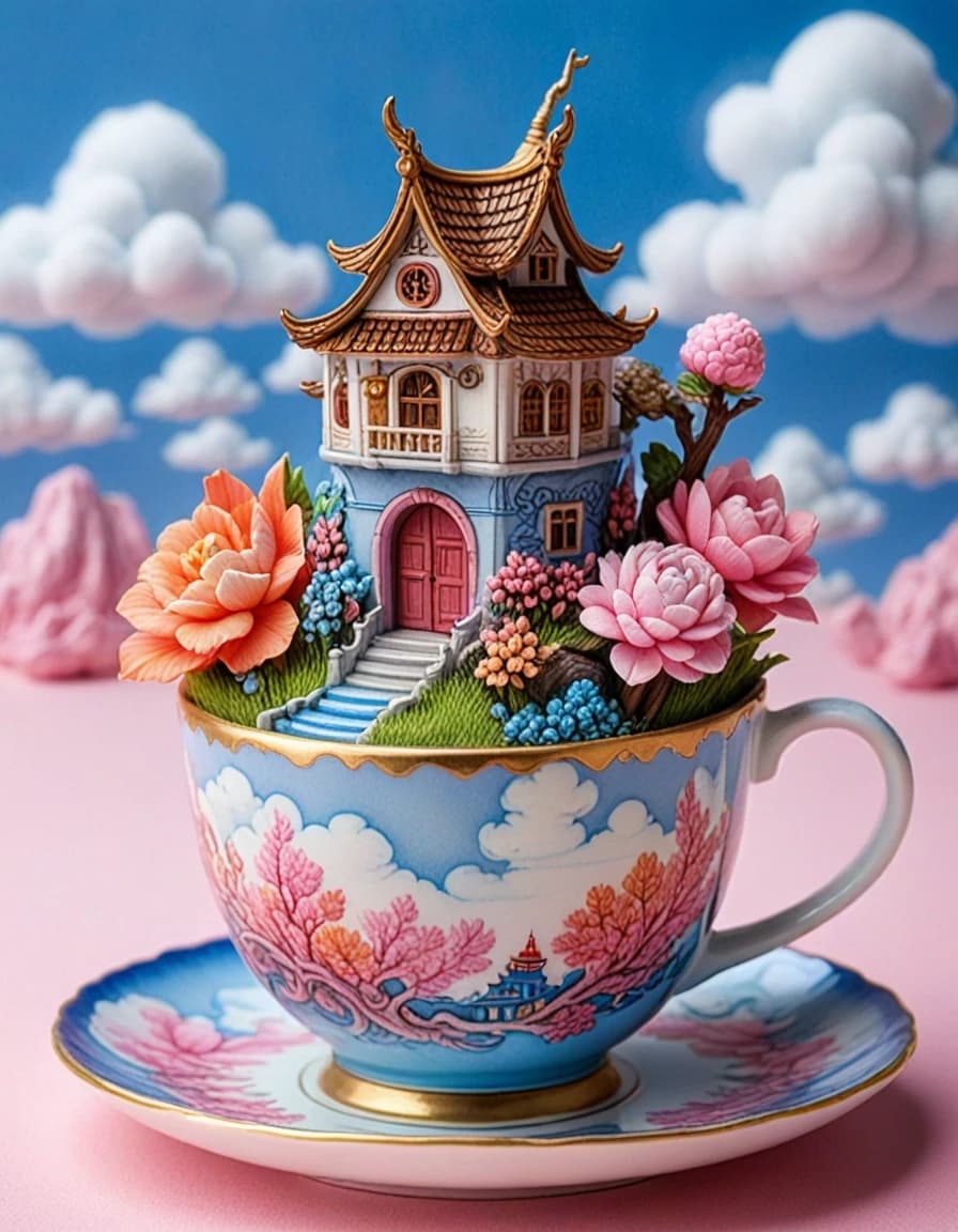 fairy tale, powerful artistic vision of{(masterpiece), (best quality), (ultra-detailed).Fantastic and whimsical illustration:(A miniature fantasy village (inside an elegant porcelain tea cup) in traditional Chinese style with blue dragons and floral pattern, (made of chocolate:1.8), (among soft cotton candy-like clouds:1.3) which are coloured in pink, orange and blue tone), multicolored rainbows made of sweet marshmallows. A fairy castle made of different sweets: (gingerbread:1.6), (colourful lollipops:1.6), (marmalade:1.4), (ice cream:1.5 ) and (waffles:1.3)). A path, a small pond with fish swimming in it, fountains. This adds to the serenity of the landscape, (trees of ices on a stick) with pastel pink and blue foliage, creating a (fairy-tale atmosphere:1.5). (Milk and sour waterfalls:1.2) cascading down from the foot of the island create the impression of a magical place. The overall style of the image is soft and painterly, with an emphasis on (pastel colours and whimsical details:1.4), evoking a sense of wonder and enchantment. All wishes come true here, and every day is full of adventure. (In the surrealist manner of Niccoletta Ceccoli and pencil drawings by Anastasia Lavru:1.5)} . magical, fantastical, enchanting, storybook style, highly detailed, breathtaking masterpiece made by great artist. best quality, high resolution