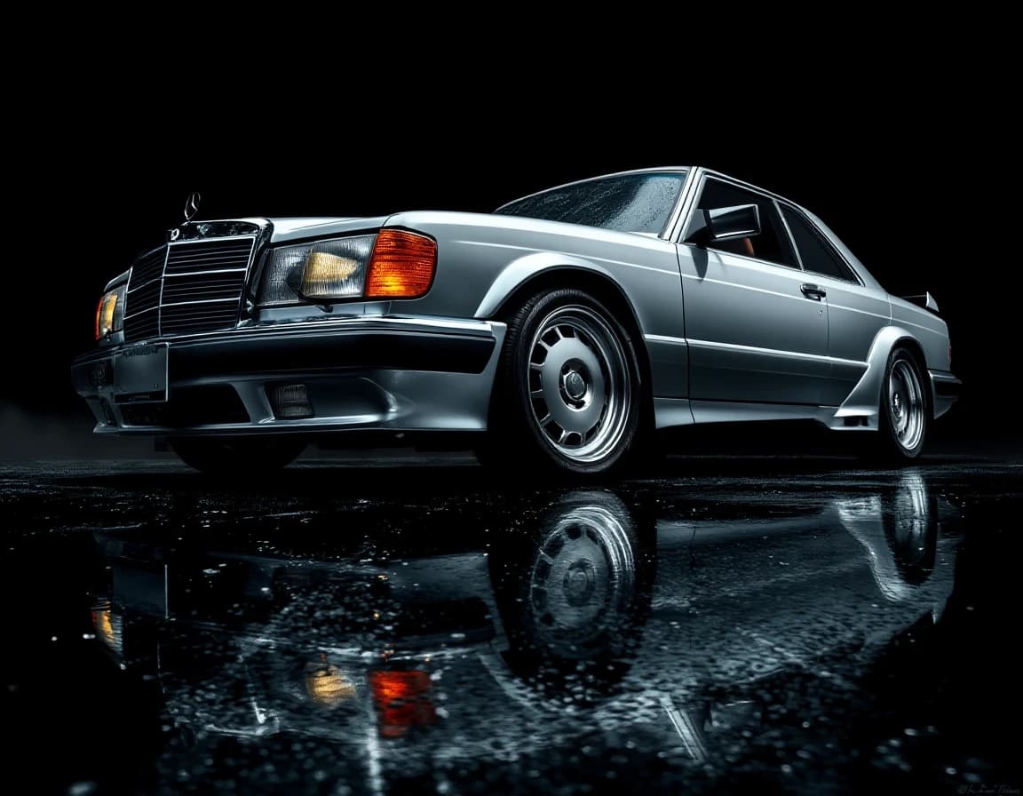 Subject: Mercedes-Benz 560 SEC W126 AMG widebody coupe, two-door
Color: silver metallic body, polished, deep reflective paint finish
Wheels: AMG Gullideckel monoblock wheels, silver multi-spoke deep-dish design, low-profile tires, lowered stance
Body modifications: genuine AMG widebody flares, AMG front bumper with integrated foglights and lip spoiler, AMG side skirts, rear AMG bumper with subtle ducktail spoiler on trunk
Details: chrome vertical grille with large Mercedes star, amber/orange front turn signal lenses, rectangular sealed headlights
Angle/Perspective: low front 3/4 angle, near ground level, dramatic upward sweep emphasizing long flat hood and wide stance
Lighting: single dramatic side-top light source, deep shadows, chiaroscuro style, headlights subtly glowing warm white
Background: pure black, no environment details, studio void
Ground surface: wet asphalt, reflective, scattered raindrops
Reflection: sharp mirror reflection of car and lights on wet ground
Atmosphere: subtle fog/haze in background
Color grading: high contrast, cool silver tones against deep black, warm amber accents from turn signals, cinematic
Mood: elegant, powerful, timeless luxury aggression, "Gentleman's muscle car"
Camera: wide-angle lens feel, slight distortion emphasizing long hood and width
Quality: photorealistic, automotive magazine cover quality, 8k detail, sharp focus on wheel and grille details
Composition: vertical/portrait orientation, car centered slightly left, long hood leading into frame