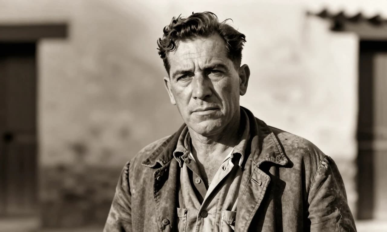 1940s black and white sepia toned portrait, determined Spanish farmer in worn jacket, cinematic lighting, film grain, historical documentary style