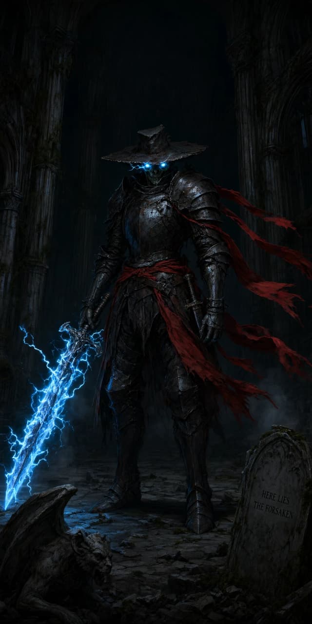 A undead knight with glowing eyes blue lightning, fantasy art style, dark background, wearing a wide-brimmed hat, dressed in a dark black armor with red ribbons fluttering in the wind, armed with a sword that beats with electricity, dark background, detailed art in the style of dark souls.