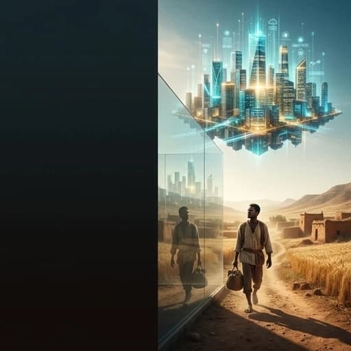 Minimalist left third, empty negative space on the left, subject strictly on the right side, rule of thirds composition. A 16:9 YouTube thumbnail with a clean, dark gradient occupying the entire left third, strictly reserved for title text placement. The right two-thirds present a strong diagonal narrative. Upper right: a floating, luminous smart city built from glass, light, and data streams, radiating cyan and gold, representing the advanced core of the world-system. Lower right: a dusty, sun-scorched agrarian landscape with traditional clay structures and dry fields under harsh sunlight. A person in simple woven clothes walks upward along a dirt path from the shadows, carrying a heavy load, but is stopped by a sheer, transparent glass barrier that perfectly reflects the gleaming city yet remains impassable. The character’s expression shows quiet determination mixed with frustration and systemic exclusion. Dramatic backlighting creates a subtle silhouette effect, high contrast between warm earth tones and cool tech glow. Composition heavily weighted to the right, left side completely empty. Modern concept art style, photorealistic details, YouTube-optimized layout.
