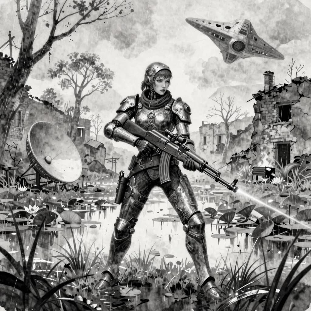 Black and white coloring. Female warrior. In armor, steampunk cybernetic armor. Weapon in hand: AK-47, with a sniper scope, long barrel, crooked magazine. Laser pointer. Dynamic watercolor. 4K. 8K. Swamp area. Rain falling. Puddles in marsh lilies, grass. In the background, destroyed brick and tree buildings, on fire. A large, wide, round scanner antenna lies near a banshee building, a triangular spaceship in the sky.