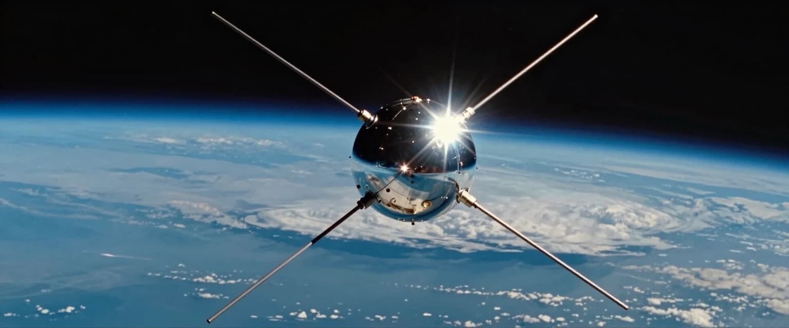 A classic science illustration of the Sputnik 1 satellite orbiting high above Earth. The satellite consists of a highly polished metallic sphere with four long, thin whip-like antennas extending outwards in different directions. A bright, starburst glint of sunlight reflects sharply off the sphere's surface. Below, the curvature of the Earth fills the background, showing layers of blue atmosphere, white clouds, and deep oceans fading into the darkness of space. Vintage scientific art style, realistic textures, cinematic composition, 8k resolution.