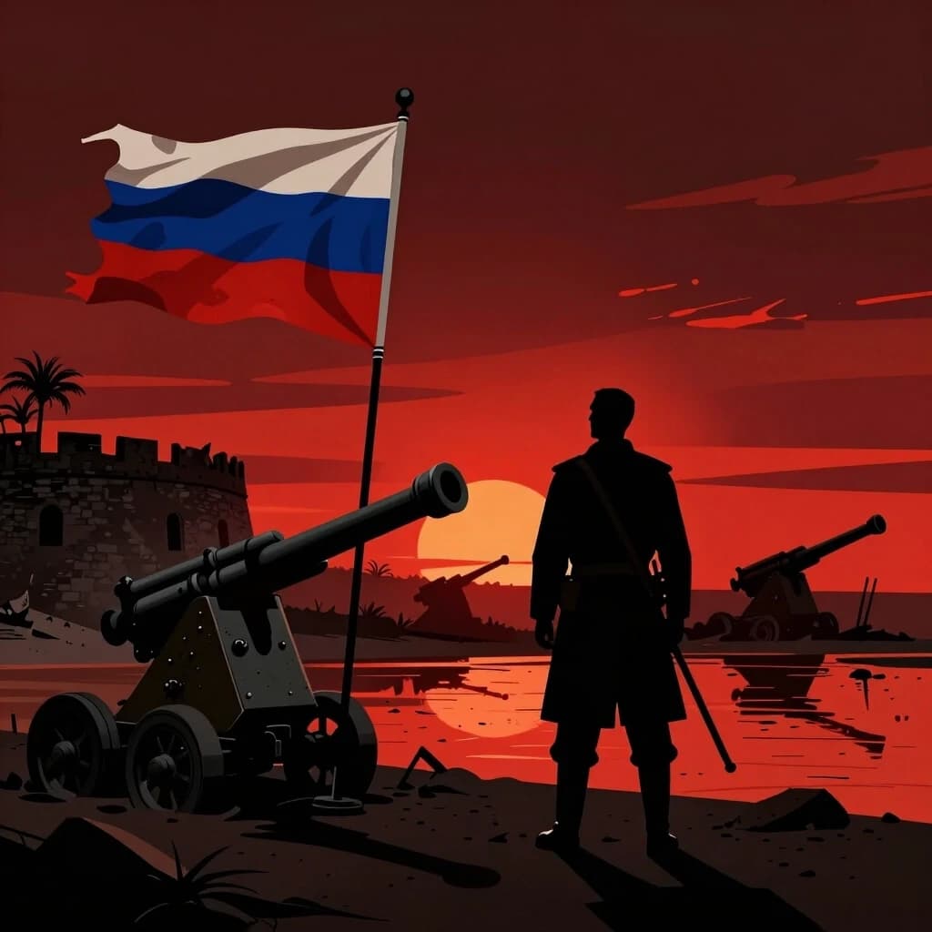 Dramatic noir illustration, graphic novel and documentary style. Silhouette of a Cossack against a blazing sunset, painted in dark crimson and black tones. He looks at a fort destroyed by artillery fire. In the foreground is sand, wet from seawater and rain, with a pole stuck in it bearing a tattered Russian flag. Contrast between harsh Russian military equipment and exotic African vegetation in the background. Deep shadows, noir lighting, a sense of hopelessness and grandeur, photorealism, cinematic composition, 16:9 aspect ratio.