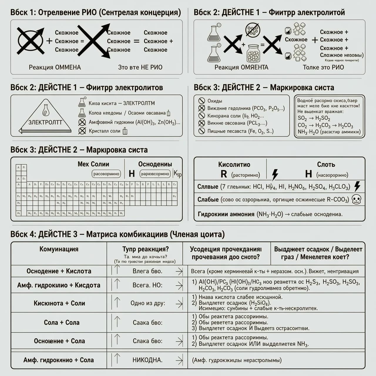 Create an infographic - educational material on the text I will send. Visually clear and illustrative. Restrained. Official language and scientific terminology. Understandable for schoolchildren. Not small print.

Block 1: Definition of RIO (Central Concept)
Visual: Two intersecting arrow diagrams.
Left: crossed-out diagram 'Complex + Complex = Complex' (label: This is NOT RIO).
Right: working diagram 'Complex + Complex = Complex + Complex' (label: Only this is RIO).
Text conditions at the bottom of the block:
Reaction of EXCHANGE (minimum two products - complex substances).
Both reactants are ELECTROLYTES.

Block 2: ACTION 1 - Electrolyte Filter
Visual: A sieve labeled 'ELECTROLYTE', with some icons passing through and others getting stuck.
Pass (keep):
Acid drop 🧪
Flask with alkali / Base precipitate ⚗️
Amphoteric hydroxide (Al(OH)₃, Zn(OH)₂...)
Salt crystal 🧂
Cross out (discard from diagram):
Oxides (prohibition sign on SO₂, CO₂, P₂O₅... but with a small print note nearby: 'Except for aqueous solutions!')
Binary compounds (PCl₃, H₂O₂...)
Simple substances (Fe, O₂, S...)
Important inset (Warning banner): An aqueous solution of an oxide/gas can be an acid! Do not cross out immediately:
SO₂ → H₂SO₃
CO₂ → H₂CO₃
NH₃·H₂O (ammonia solution)

Block 3: ACTION 2 - Strength Marking
Visual: Periodic table schematically divided into zones under formulas of salts and bases.
Under salts and bases: Write the label 'R' (soluble) or 'N' (insoluble). Ksp reference icon (solubility tables).
Under acids: Write the strength.
Strong (7 main ones: HCl, HBr, HI, HNO₃, H₂SO₄, HClO₄, HClO₃) — mark with a lightning bolt ⚡.
Weak (all others, organic R-COOH) — mark with a skull 🐢.
Ammonium hydroxide (NH₃·H₂O) — weak base.

Block 4: ACTION 3 - Combination Matrix (Main Part)
Visual: Matrix diagram where two check arrows lead from each pair of electrolytes.
Direction 1 (Reaction Type): Exchange to completion? (Yes/No according to the rules in the table below).
Direction 2 (Condition of Assignment): Precipitate forms / Gas evolves / Color changes?

Combination	Conditions for completion
Base + Acid	Always (except silicic acid + insoluble base). Visual: neutralization.
Amphoteric hydroxide + Acid	Always, BUT: Al(OH)₃/H₃PO₃ do not react with H₂S, H₂SO₃, H₂CO₃ (salt hydrolyzes back).
Acid + Salt	One of two:
1) New acid is weaker than the original.
2) Precipitate forms (or H₂SiO₃).
Exception: sulfides + weak non-oxidizing acids.
Salt + Salt	Immediately both:
1) Both reactants are soluble.
2) Precipitate forms.
Base + Salt	Immediately both:
1) Both reactants are soluble.
2) Precipitate forms OR NH₃ evolves.
Amphoteric hydroxide + Salt	NEVER. (Amphoteric hydroxides are insoluble).