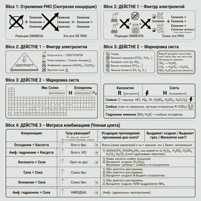 Create an infographic - educational material on the text I will send. Visually clear and illustrative. Restrained. Official language and scientific terminology. Understandable for schoolchildren. Not small print.

Block 1: Definition of RIO (Central Concept)
Visual: Two intersecting arrow diagrams.
Left: crossed-out diagram 'Complex + Complex = Complex' (label: This is NOT RIO).
Right: working diagram 'Complex + Complex = Complex + Complex' (label: Only this is RIO).
Text conditions at the bottom of the block:
Reaction of EXCHANGE (minimum two products - complex substances).
Both reactants are ELECTROLYTES.

Block 2: ACTION 1 - Electrolyte Filter
Visual: A sieve labeled 'ELECTROLYTE', with some icons passing through and others getting stuck.
Pass (keep):
Acid drop 🧪
Flask with alkali / Base precipitate ⚗️
Amphoteric hydroxide (Al(OH)₃, Zn(OH)₂...)
Salt crystal 🧂
Cross out (discard from diagram):
Oxides (prohibition sign on SO₂, CO₂, P₂O₅... but with a small print note nearby: 'Except for aqueous solutions!')
Binary compounds (PCl₃, H₂O₂...)
Simple substances (Fe, O₂, S...)
Important inset (Warning banner): An aqueous solution of an oxide/gas can be an acid! Do not cross out immediately:
SO₂ → H₂SO₃
CO₂ → H₂CO₃
NH₃·H₂O (ammonia solution)

Block 3: ACTION 2 - Strength Marking
Visual: Periodic table schematically divided into zones under formulas of salts and bases.
Under salts and bases: Write the label 'R' (soluble) or 'N' (insoluble). Ksp reference icon (solubility tables).
Under acids: Write the strength.
Strong (7 main ones: HCl, HBr, HI, HNO₃, H₂SO₄, HClO₄, HClO₃) — mark with a lightning bolt ⚡.
Weak (all others, organic R-COOH) — mark with a skull 🐢.
Ammonium hydroxide (NH₃·H₂O) — weak base.

Block 4: ACTION 3 - Combination Matrix (Main Part)
Visual: Matrix diagram where two check arrows lead from each pair of electrolytes.
Direction 1 (Reaction Type): Exchange to completion? (Yes/No according to the rules in the table below).
Direction 2 (Condition of Assignment): Precipitate forms / Gas evolves / Color changes?

Combination	Conditions for completion
Base + Acid	Always (except silicic acid + insoluble base). Visual: neutralization.
Amphoteric hydroxide + Acid	Always, BUT: Al(OH)₃/H₃PO₃ do not react with H₂S, H₂SO₃, H₂CO₃ (salt hydrolyzes back).
Acid + Salt	One of two:
1) New acid is weaker than the original.
2) Precipitate forms (or H₂SiO₃).
Exception: sulfides + weak non-oxidizing acids.
Salt + Salt	Immediately both:
1) Both reactants are soluble.
2) Precipitate forms.
Base + Salt	Immediately both:
1) Both reactants are soluble.
2) Precipitate forms OR NH₃ evolves.
Amphoteric hydroxide + Salt	NEVER. (Amphoteric hydroxides are insoluble).