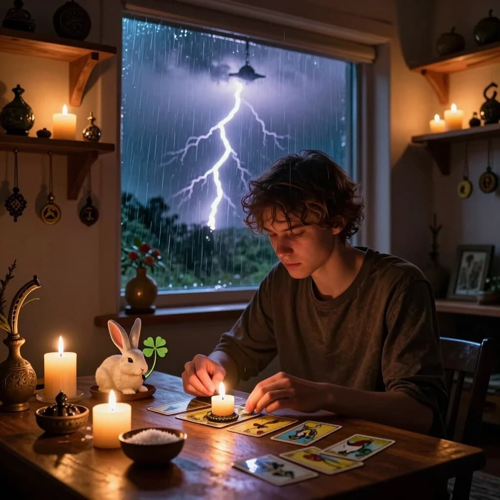 Cinematic photorealistic interior shot of a cozy, dimly lit room with wooden shelves and soft warm candlelight. A young person sits at a wooden table, deeply focused on performing a personal ritual: arranging tarot cards, lighting a small candle, holding a rabbit's foot, a four-leaf clover, a horseshoe, and a small bowl of salt. Around them, dozens of small talismans and amulets hang from the shelves. Through the large window behind them, a violent thunderstorm rages outside, with lightning and heavy rain — symbolizing the chaotic, uncontrollable world. The person's face is calm but slightly tense, as if trying to control the uncontrollable. Photorealistic, atmospheric, contrast between warm indoor candlelight and cold blue storm outside, philosophical, 8k, shallow depth of field, 4:5 aspect ratio.