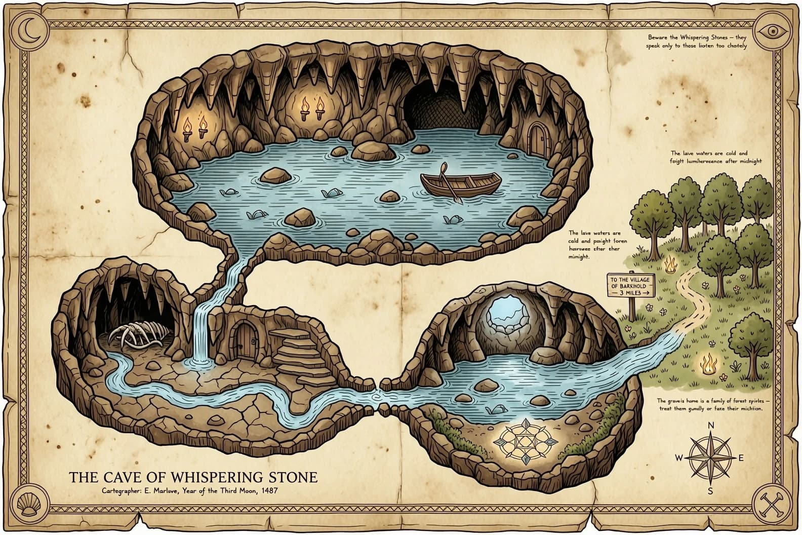 A DND-style cave map, viewed from above, depicts a cave with three interconnected spaces. A lake flows through the cave, through rooms, and out into a grove. Drawn in DND style.