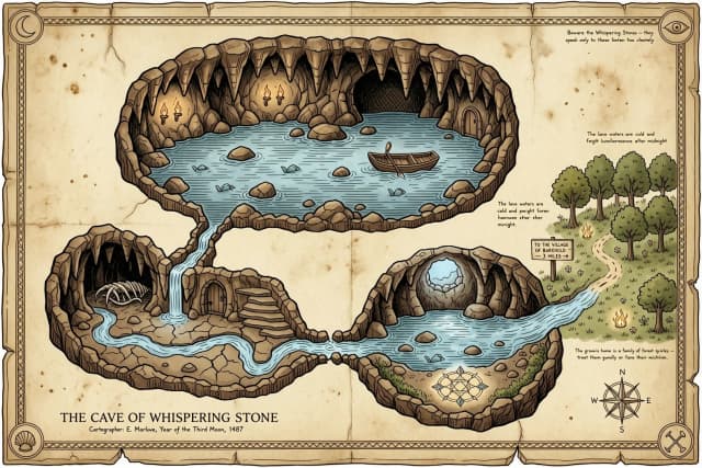 A DND-style cave map, viewed from above, depicts a cave with three interconnected spaces. A lake flows through the cave, through rooms, and out into a grove. Drawn in DND style.