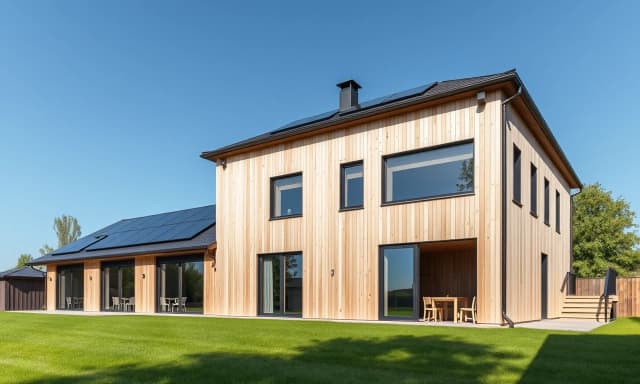 Modern scandinavian-style two-story frame house, light wood facade with dark trim, panoramic windows, solar panels integrated into the dark roof, green lawn, clear blue sky, sunny day, professional architectural photography, high detail, shot on 35mm lens, realistic textures.