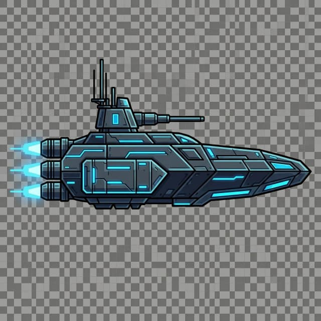 2D спрайт космического корабля фрегат, 
вид строго сбоку, плоский профиль, 
нос вправо, двигатели слева. 

Стиль: sci-fi, векторная графика, 
чёткие контуры, детализированный. 

Материал: тёмный металл, голубой неон. 
Детали: орудийные башни, антенны, шипы. 

Прозрачный фон.