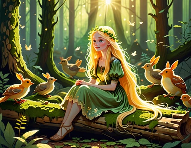 Illustration style. A young maiden with luminous golden hair sitting on a mossy log in an enchanted sunlit forest. Small forest animals and birds gather around her. Sunbeams filtering through the green leaves, sparkling magical dust in the air, warm and gentle mood, dreamy fairytale illustration.