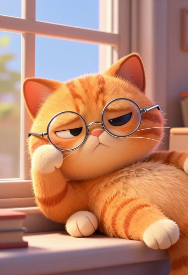 Cute 3D render, Pixar-style animation. A fluffy orange tabby cat lounges on a windowsill, looking sleepy and a bit grumpy, with half-closed eyes. It reaches out a paw and pulls a tiny pair of round wire-rimmed glasses onto its face. The moment the glasses settle, the cat’s expression changes to wise and scholarly, as if it’s suddenly ready to solve complex equations. The glasses are comically large for its face, adding to the charm. Warm sunlight streams through the window, highlighting the fur texture and the delicate metal of the frames. Mood: whimsical, heartwarming, clever.