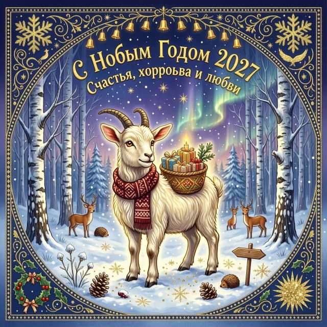 Сказочный козлёнок на фоне зимнего заснеженного леса. Зимняя новогодняя сказка. текст С Новым Годом  2027 Счастья, здоровья и любви.
В стиле Глиттер: магический реализм, природная симфония, формы растворяются в цвете, линии текут как вода, полупрозрачные слои с акварельной текстурой, замысловатые орнаменты по углам композиции. Высокое качество, 4k, октановое число, кинематографическое освещение, драматическая композиция, глаза с повышенной детализацией, нежная текстура кожи, профессиональная фотография, глубина резкости, камера Leica, тенденции artstation, эффектное освещение, мистическая атмосфера, детализированные текстуры, объемное освещение, работы Виктора Васнецова и Ивана Билибина, стиль живописи гуашью, стиль Русские сказки, фотореализм. Атмосфера радости и безмятежности.