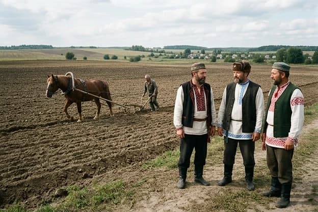 Нарисуй в правой части кадра трех мужчин средних лет в их национальной одежде: украинец, русский и белорус. На фоне видно поле и пашня. По пашне идет лошадь с плугом.