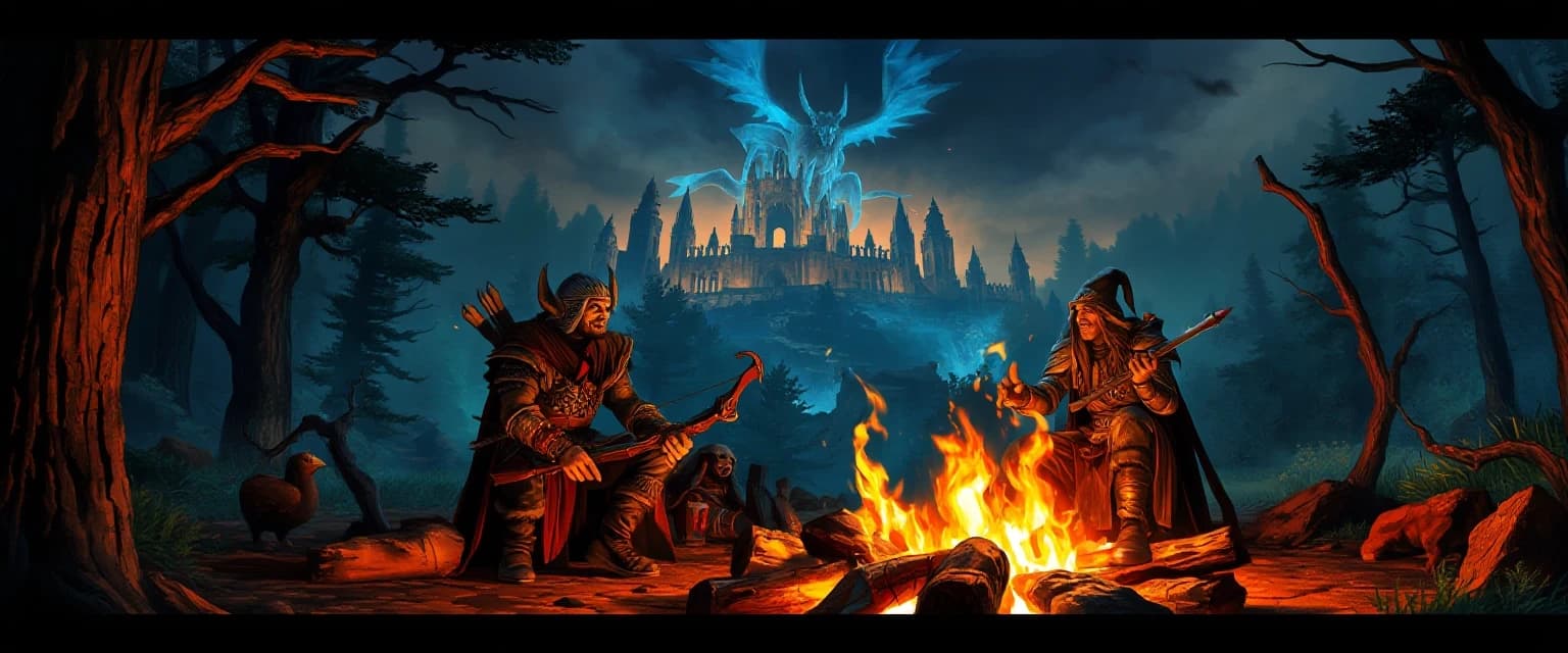 An epic wide channel header featuring a heroic fantasy RPG gaming party gathered around a campfire before a battle, a warrior, mage, and archer laughing together, mystical forest background with ancient ruins and a glowing dragon castle in the distance. Warm campfire glow contrasting with magical blue aura, warm fantasy atmosphere, sense of deep friendship and adventure, highly detailed digital painting, artstation trending --ar 16:9