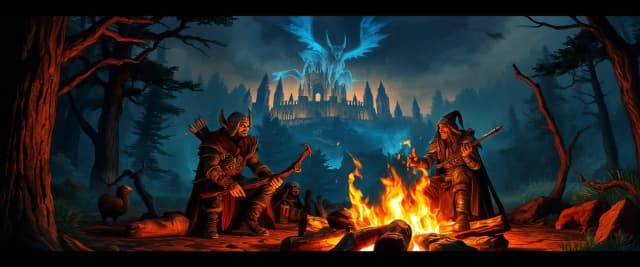 An epic wide channel header featuring a heroic fantasy RPG gaming party gathered around a campfire before a battle, a warrior, mage, and archer laughing together, mystical forest background with ancient ruins and a glowing dragon castle in the distance. Warm campfire glow contrasting with magical blue aura, warm fantasy atmosphere, sense of deep friendship and adventure, highly detailed digital painting, artstation trending --ar 16:9