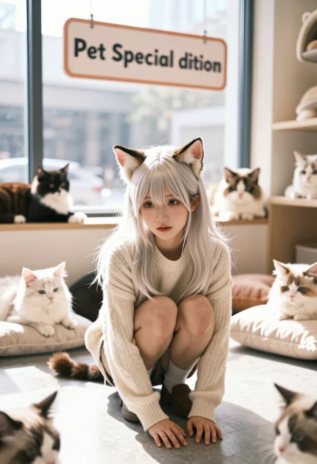 A photorealistic interior of an unusual pet store. In the center is a girl in the guise of a catgirl: platinum hair, delicate cat ears, a soft gaze. She is squatting, with her hands on the floor, like a curious kitten. Around her, there is natural daylight from a large window. In the background, other “catgirls” like her — cosplayers — are lounging on pillows with ears, dressed in various outfits. “Catgirl” is presented not as an animal, but as a cosplayer in a staged humorous scene: above her is a playful sign that reads “Pet Special Edition.” Small details: the texture of the knitted sweater, individual hairs, soft fur on the ears, realistic skin. 8K, cinematic lighting, depth of field, ultra‑detailed textures, natural colors.