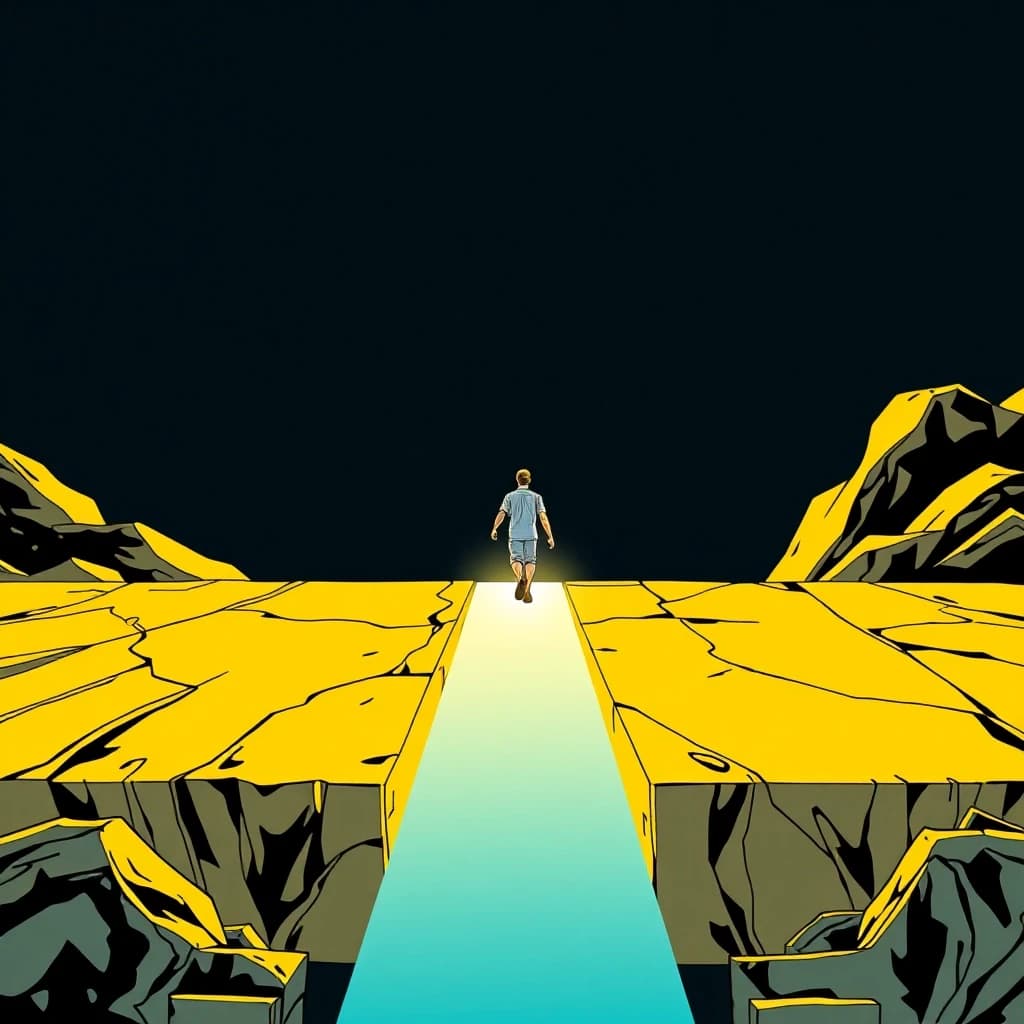 A person takes the first step off a solid golden platform into a dark unknown, but the step becomes a bright bridge of light under their foot. They are already moving forward. Style: epic comic art, gold, dark blue, dynamic perspective, step into the future.