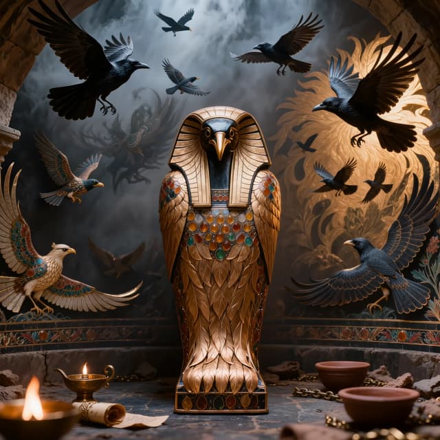Hyper-realistic cinematic shot: ancient tomb interior, low stone vaults. Walls in Palekh style — black lacquer background, crisp gold outlines, vivid cinnabar, emerald, lapis accents. Grand mural with Koschei the Deathless; around him — birds rendered with Bilibin’s ornamental clarity and Vasnetsov’s solid silhouettes. Phoenix with a distinct, layered tail: each feather a clear flame-shape, gold-edged, no blur. Three ravens in tight diagonal flight: compact bodies, matte black plumage with visible individual feathers, clean wedge-shaped tails, sharp eyes and beaks. Additional stylized hawks and songbirds in border patterns — all with readable forms, sharp outlines, no smearing.

Center: massive closed sarcophagus in same Palekh style, with copper plates, amber and obsidian inlays; phoenix tail curls around lid in precise overlapping layers. Foreground: extinguished copper lamps, clay bowls, bronze chains, crumbling scrolls.

Dramatic lighting: cold bluish shaft from above highlights gold and feather detail; warm amber backlight makes phoenix tail glow. Deep shadows keep black ground solid, all bird silhouettes crisp. High macro detail, no text. Atmosphere: ancient, solemn, mystical.