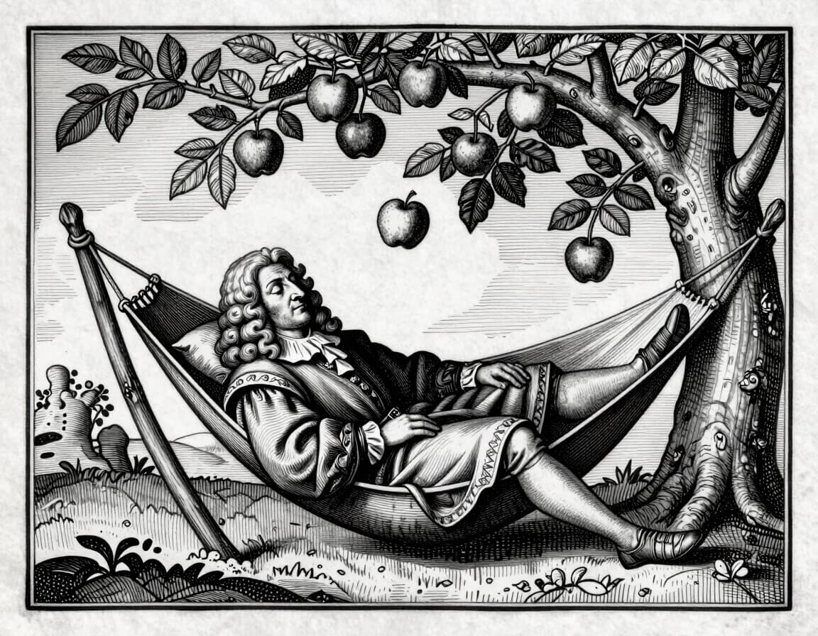 A medieval woodcut engraving of Sir Isaac Newton dozing peacefully in a rustic hammock under a large apple tree. A ripe apple is falling through the air, just about to hit him on the head. Newton is wearing 17th-century scholarly robes and a curly wig. Intricate black and white line art, dense cross-hatching, vintage parchment background, flat medieval perspective, ornate decorative border, 15th-century historical illustration style, high contrast, detailed antique print, masterpiece.