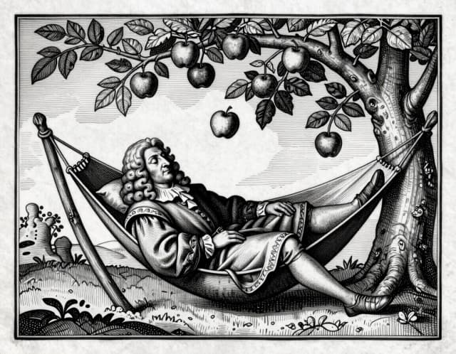 A medieval woodcut engraving of Sir Isaac Newton dozing peacefully in a rustic hammock under a large apple tree. A ripe apple is falling through the air, just about to hit him on the head. Newton is wearing 17th-century scholarly robes and a curly wig. Intricate black and white line art, dense cross-hatching, vintage parchment background, flat medieval perspective, ornate decorative border, 15th-century historical illustration style, high contrast, detailed antique print, masterpiece.