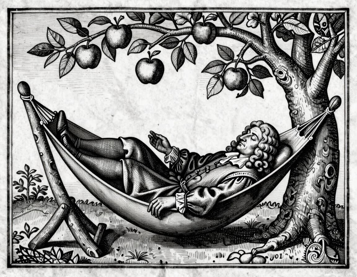 A medieval woodcut engraving of Sir Isaac Newton dozing peacefully in a rustic hammock under a large apple tree. A ripe apple is falling through the air, just about to hit him on the head. Newton is wearing 17th-century scholarly robes and a curly wig. Intricate black and white line art, dense cross-hatching, vintage parchment background, flat medieval perspective, ornate decorative border, 15th-century historical illustration style, high contrast, detailed antique print, masterpiece.