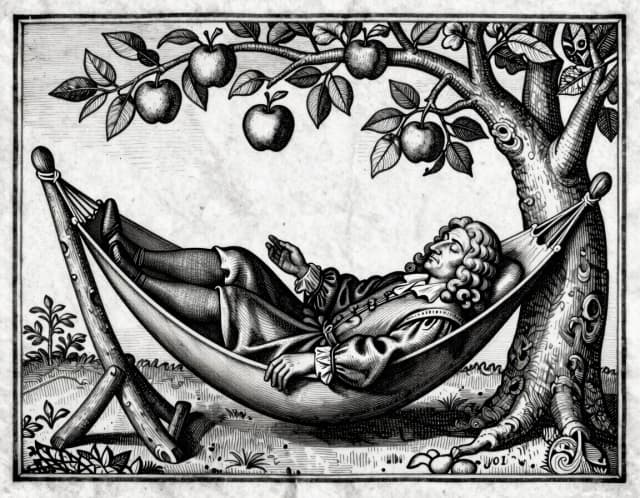 A medieval woodcut engraving of Sir Isaac Newton dozing peacefully in a rustic hammock under a large apple tree. A ripe apple is falling through the air, just about to hit him on the head. Newton is wearing 17th-century scholarly robes and a curly wig. Intricate black and white line art, dense cross-hatching, vintage parchment background, flat medieval perspective, ornate decorative border, 15th-century historical illustration style, high contrast, detailed antique print, masterpiece.