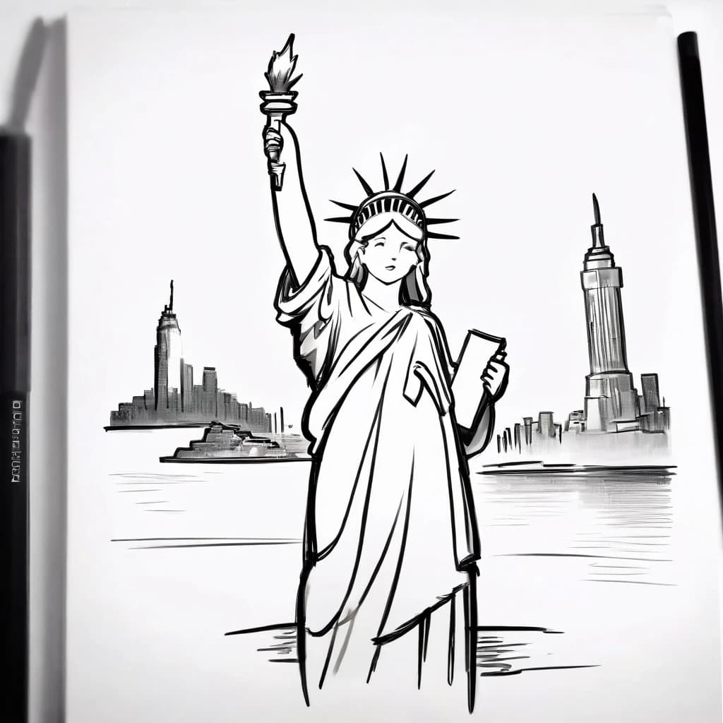 Statue of Liberty, New York in the background: simple pencil sketch, only lines and contours, white background, like in a children's book, monochrome.