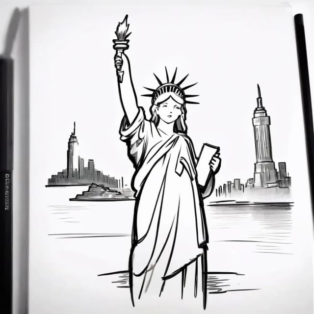 Statue of Liberty, New York in the background: simple pencil sketch, only lines and contours, white background, like in a children's book, monochrome.