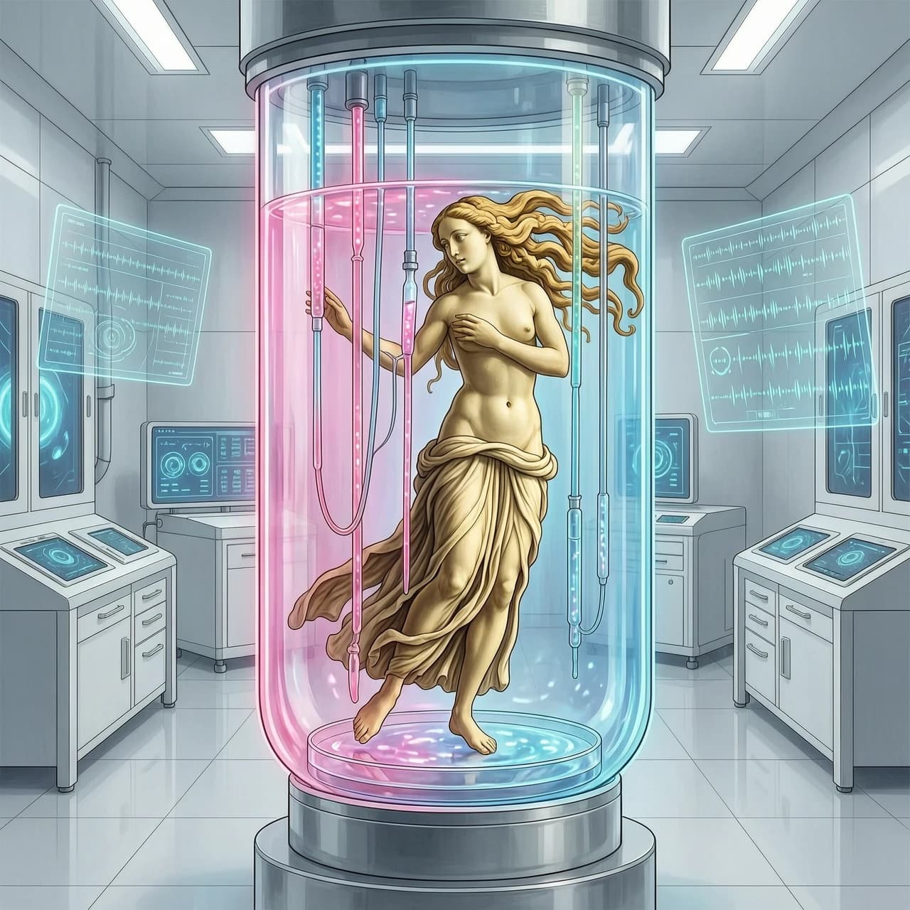 A stunning surreal collage: Sandro Botticelli's "Birth of Venus" reimagined in a futuristic biotechnology lab. Venus is not emerging from a shell, but being "grown" in a giant glowing test tube filled with iridescent liquid. Her iconic hair flows not in the wind, but through tubes of pink and blue serum. Instead of the sea, she stands on a petri dish. The background is a sterile, high-tech laboratory with holographic screens displaying genetic codes. The palette is clinical whites, glowing pinks, and bioluminescent blues. Hyper-detailed textures, sci-fi meets Renaissance art. 9:16 vertical. No text.