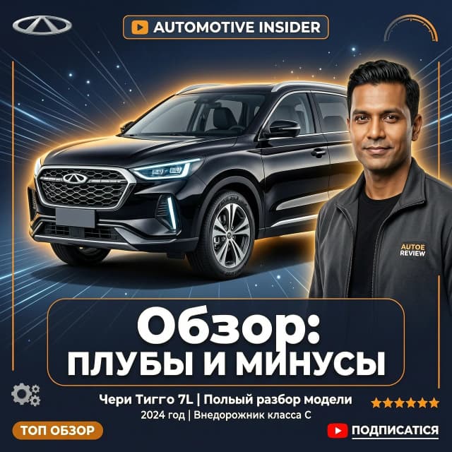 Cover for YouTube video. The cover features a Chery Tiggo 7L car and a man's face. In the background, the text reads: "Review: Pros and Cons"
