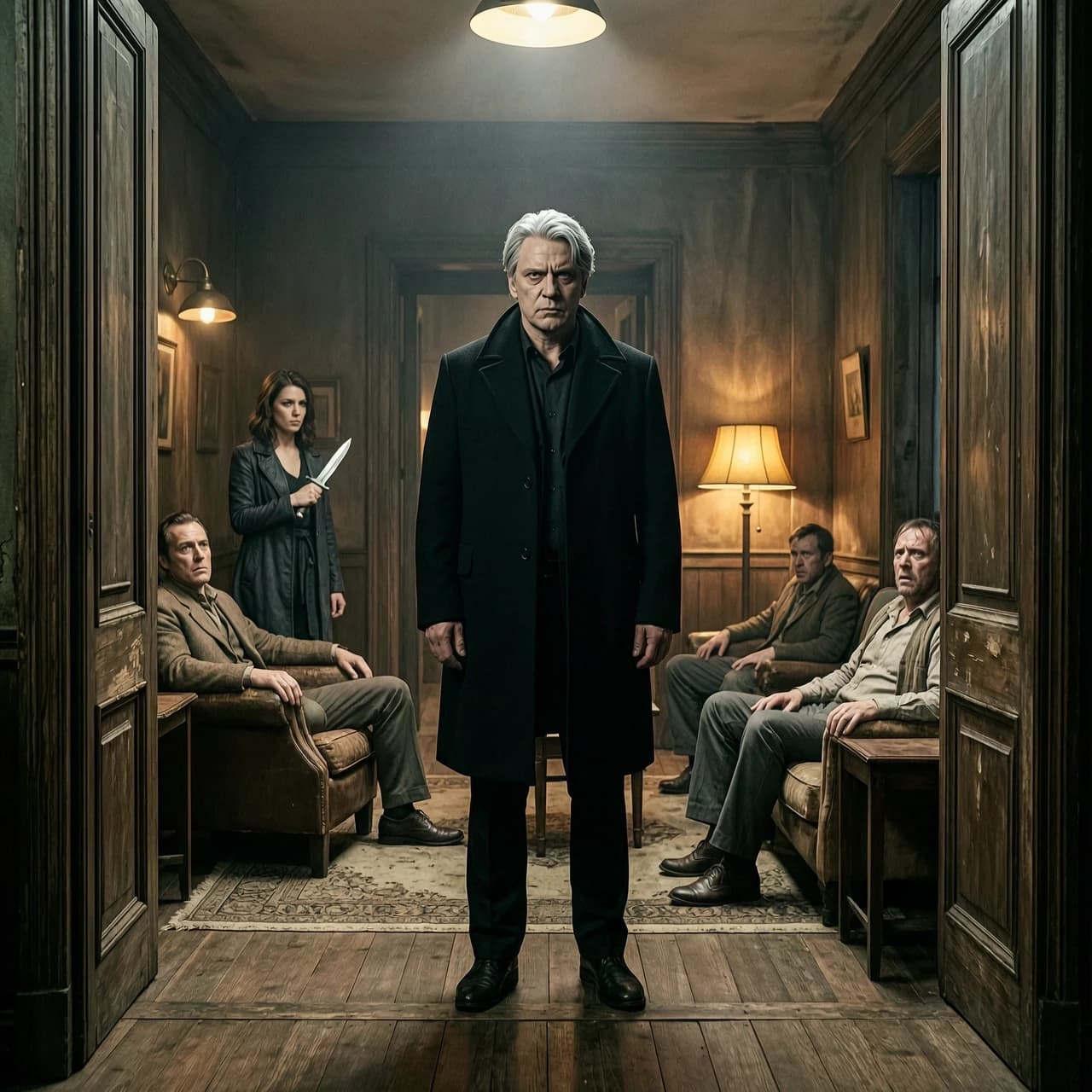 Wide-angle cinematic shot inside a dimly-lit bar room. In the doorway, a tall man with silver hair and a black coat fills the frame — his presence dominates the space, making the room feel smaller. His face is partially in shadow, expression cold and assessing. Around the room, characters react subtly: a woman with a dagger, a man in a chair, a frightened man on the couch. The lighting is low, with a single warm lamp creating long, dramatic shadows. Mood: tension, inevitability, power imbalance. Film grain, 8k, hyper-detailed textures, volumetric light. Style: Guillermo del Toro meets noir detective, heavy atmosphere.»
