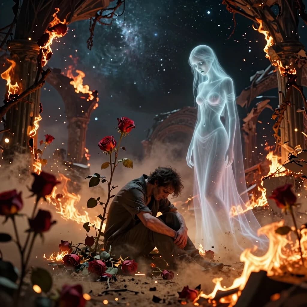 Dramatic fantasy digital art. Tragic destruction of paradise. A beautiful blooming Garden of Eden slowly burns, turning to dust, engulfed in smoldering embers and sparks. In the center, amidst wilting burning roses, sits a lone man, head bowed in deep sorrow. Beside him stands a ghostly translucent female figure – the personification of "Fiasco", looking at him with a sad, yet sly, mocking smile. In the background, through the collapsing paradise, a vast cold dark cosmos with distant stars is visible. High detail, strong contrast between the fiery sparks of the garden and the icy emptiness of the universe.