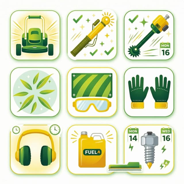 Set of 10 minimalist vector stickers with transparent background, featuring lawn mowing and landscaping themes: grass cutting equipment (lawnmowers, trimmers, brushcutters), flying grass clippings and cut grass blades, geometric lawn stripes and patterns, safety icons (goggles, gloves, ear protection), fuel cans and spark plugs, checkmarks for completed mowing tasks, speed lines and efficiency symbols, hedge trimmers and edgers, clock and calendar icons for scheduled maintenance. Corporate design in vibrant green and yellow colors with smooth gradients, subtle glow, clean composition. Flat 2D style.